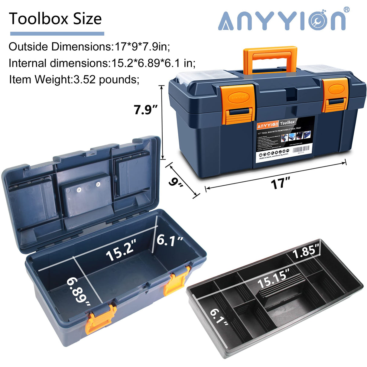 Anyyion 16.5-inch Tool Box with Removable Tray, Small Parts Box On The Lid is Removable, Tray Can be Removed and Combined at Will (Blue) Anyyion