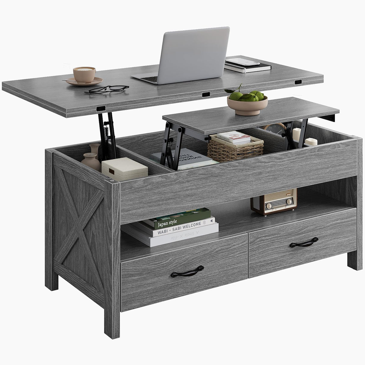 Marsail Lift-Top Coffee Table, 4-in-1 Multi-Functional Center Table with Hidden Compartment, 2 Drawers & Open Shelf, Adjustable Height for Living Room Office, Gray Marsail