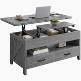 Marsail Lift-Top Coffee Table, 4-in-1 Multi-Functional Center Table with Hidden Compartment, 2 Drawers & Open Shelf, Adjustable Height for Living Room Office, Gray Marsail