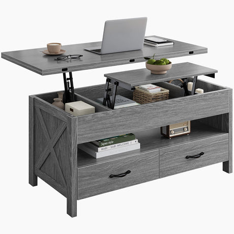 Marsail Lift-Top Coffee Table, 4-in-1 Multi-Functional Center Table with Hidden Compartment, 2 Drawers & Open Shelf, Adjustable Height for Living Room Office, Gray Marsail