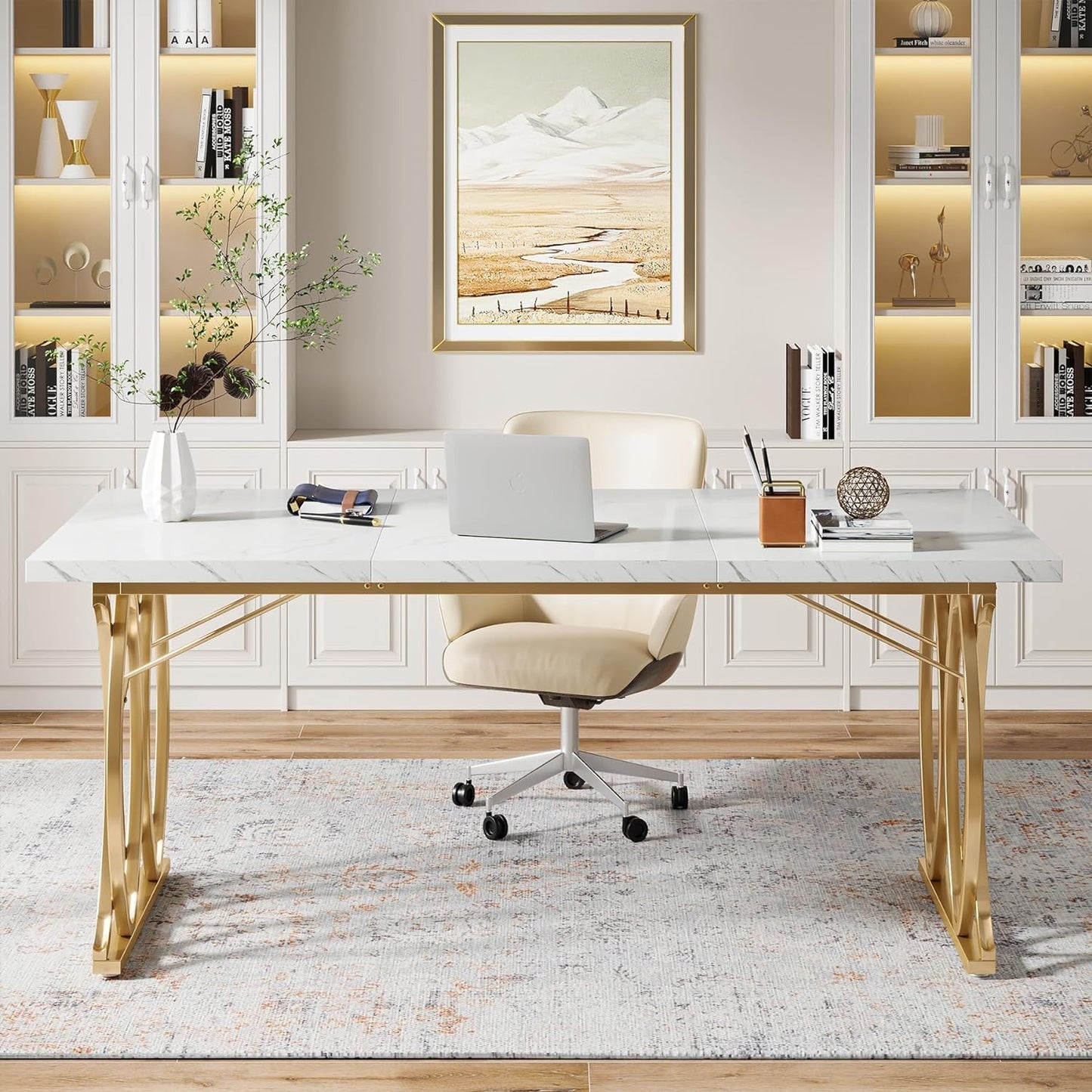 Tribesigns Executive Desk, 63" W Large Computer Desk, Modern Office Desk Conference Table Meeting Room Table, Business Furniture for Home Office, White and Gold