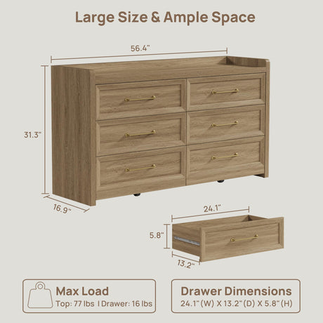 SICOTAS 6 Drawer Dresser for Bedroom-56.4" Extra-Wide Wooden Chest of Drawers with Large Storage, Long Dresser TV Stand with Drawers, Mid Century Modern Closet Dressers for Nursery, Brown Oak SICOTAS