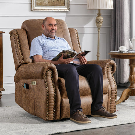 HAOMARKETS Classic Power Recliner Chair with Massage and Heat, Breathable Faux Leather Electric Recliner with USB Port, Overstuffed Reclining Sofa with Rivets for Living Room, Brown HAOMARKETS