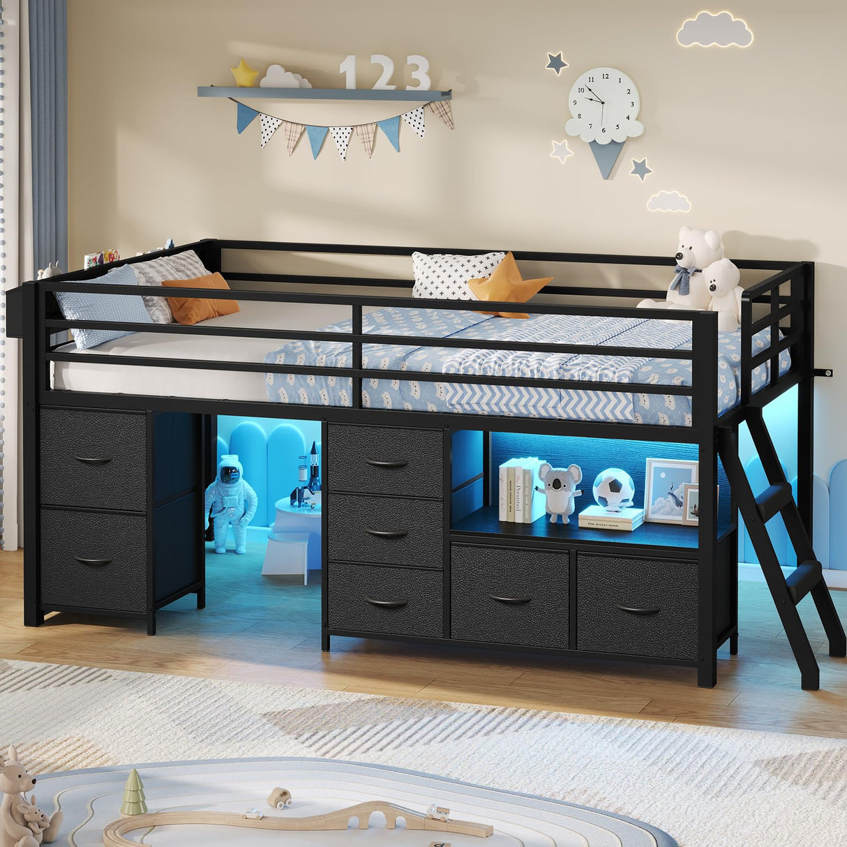 ADORNEVE Low Loft Bed Twin Size with 7 Storage Drawers, Bookcase and LED Lights, Metal Kids Loft Bed with 14" H Safety Guardrail,Inclined Ladder and Play Curtain, Under-Bed Play Space, Black ADORNEVE