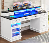BTHFST Executive Desk with File Drawer, Computer Desk with Monitor Stand, Home Office Desk with Drawers & Storage Cabinet, Writing Desk with Charging Station & LED Lights, White BTHFST