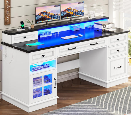 BTHFST Executive Desk with File Drawer, Computer Desk with Monitor Stand, Home Office Desk with Drawers & Storage Cabinet, Writing Desk with Charging Station & LED Lights, White BTHFST