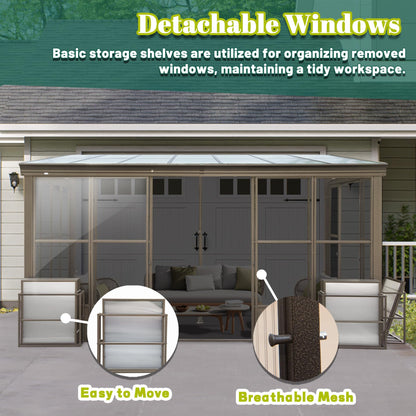 Domi 10x14FT Wall Mounted Sunroom, Wall Solarium with Aluminum PC Sloping Roof, Detachable PC Screen House, Lockable Sliding Front and Side Doors, Outdoor Lean-to Gazebo, Sun Room for Deck Patio