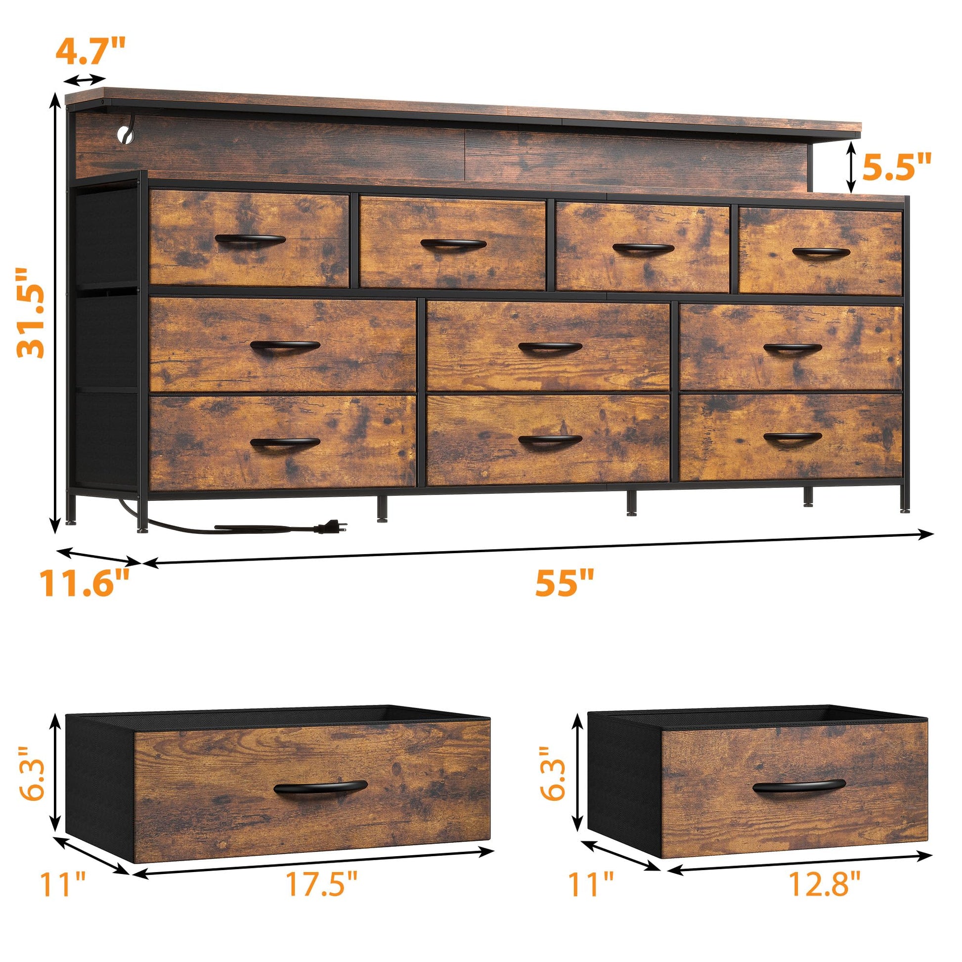 EnHomee 55" W Dresser for Bedroom with 10 Drawers Long Dresser with LED Lights & Power Outlets Wide Dressers & Chests of Drawers Large Dresser for Bedroom Dresser Metal Frame, Wood Top, Rusti - WoodArtSupply