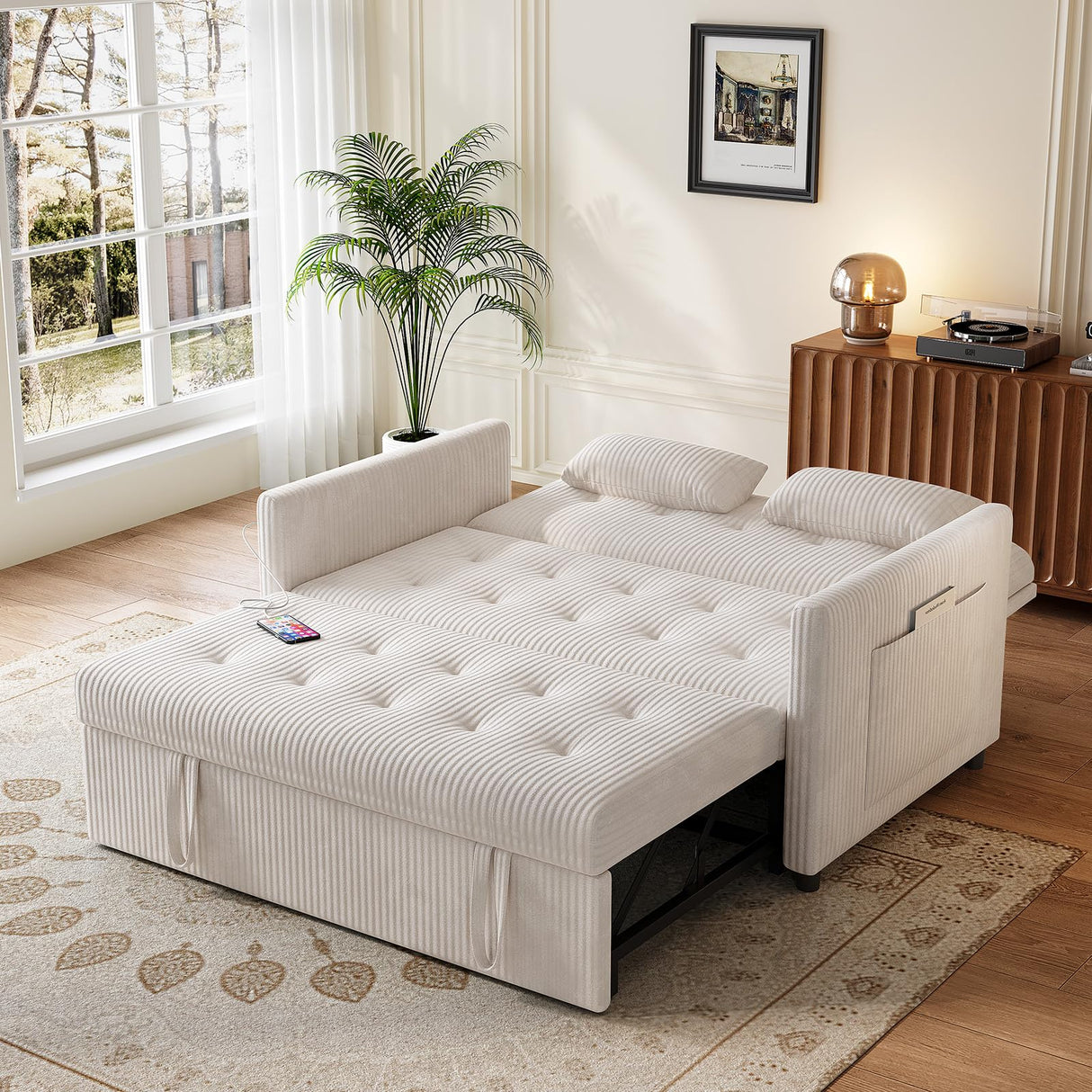 UXENAFANA Sofa Bed, Loveseat 3-in-1 Sleeper Sofa with Pull Out Bed, Pockets and USB, Modern 2 Seater Convertible Small Couch for Living Room Bedroom Apartment (Beige, Corduroy) UXENAFANA