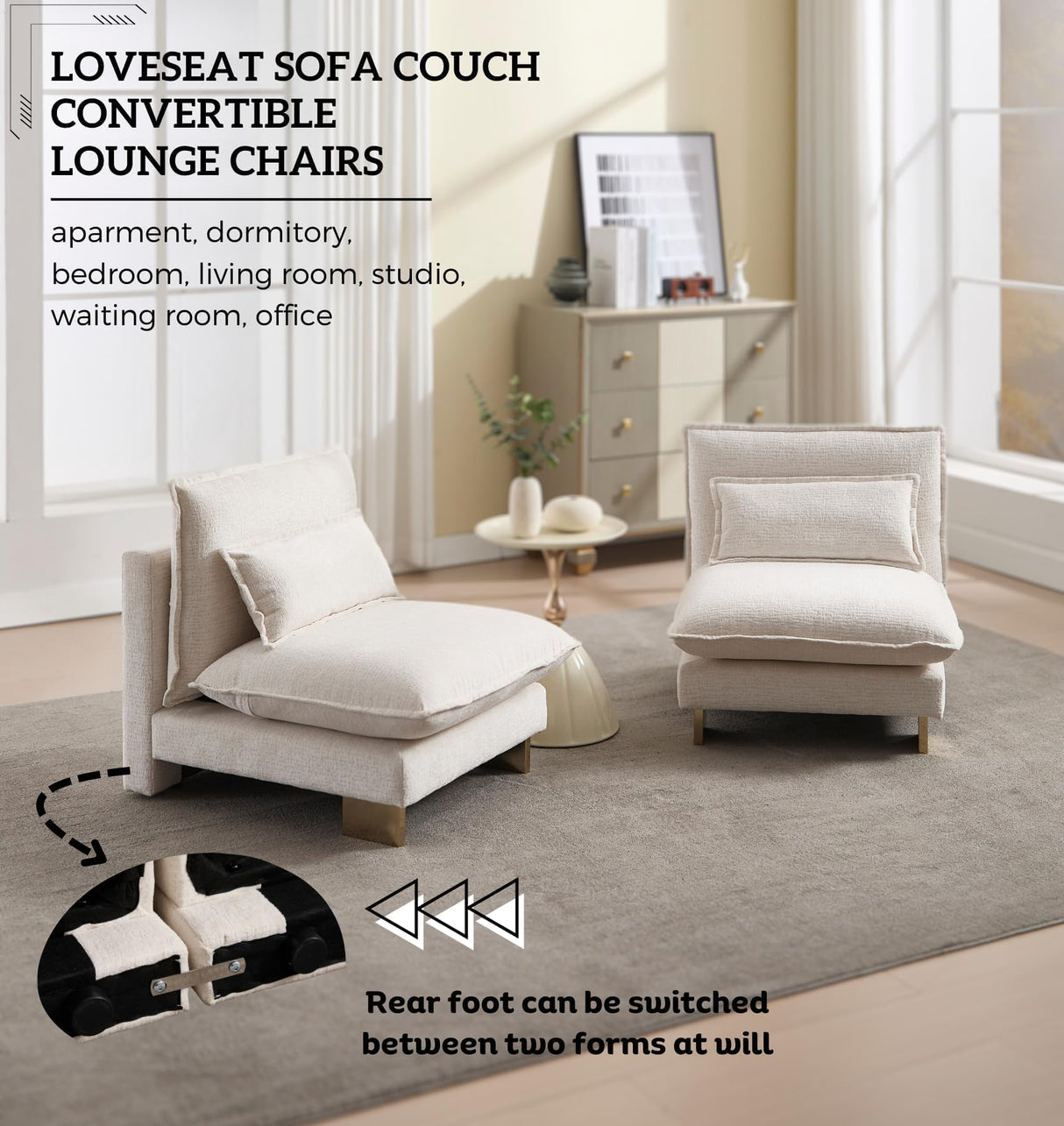 Hyfirm Small Modular Sofa Armless Loveseat, Modern 2-Seats Mini Sofa Couch with Pillows Convertible Love Seat with Gold Legs for Small Spaces Living Room, Beige Chenille Hyfirm