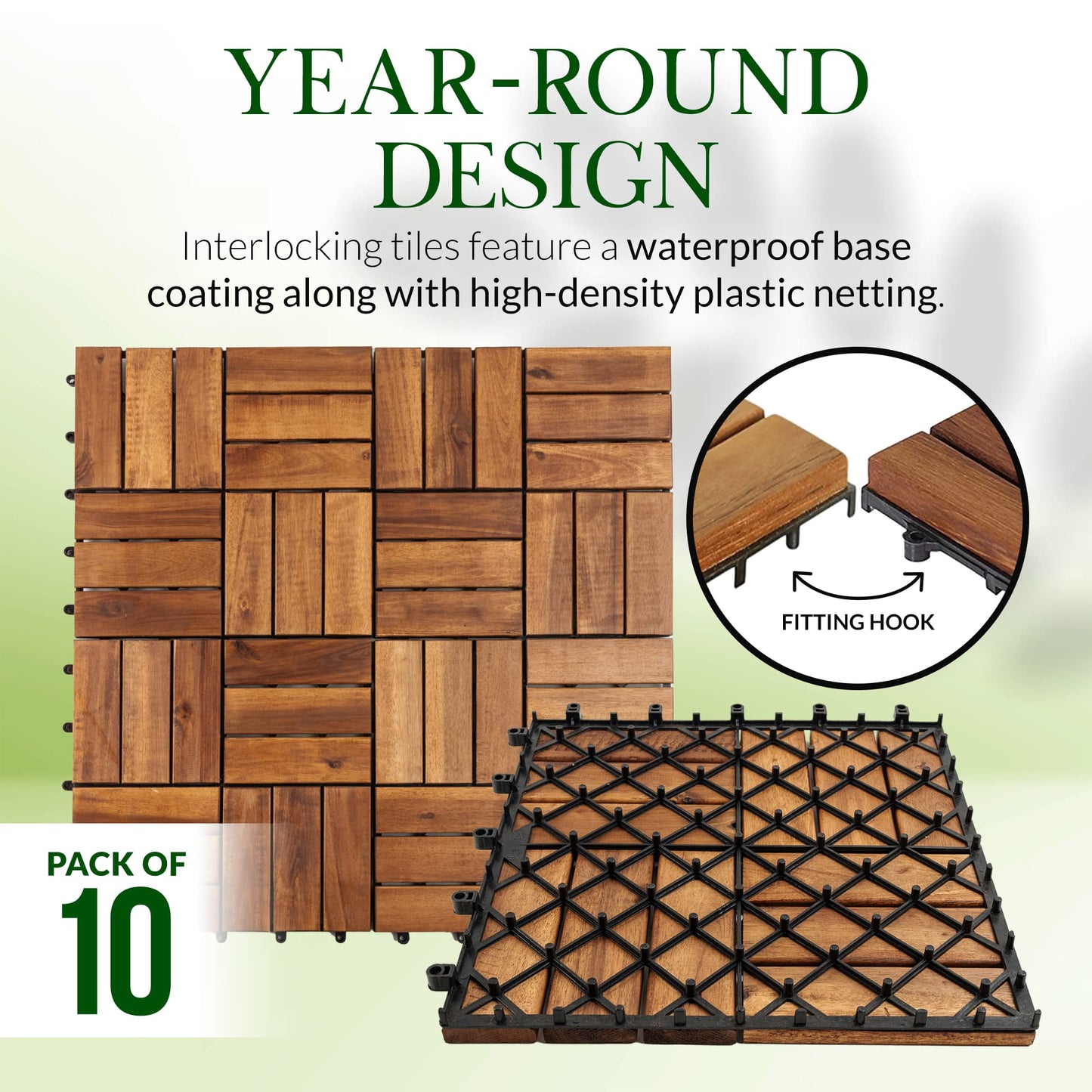 Acacia Wood Interlocking Deck Tiles for Outdoor/Indoor - (Pack of 10) 12"x12" All Weather Balcony Flooring - Snap Click Together Patio Tiles - Portable Waterproof Dance Floor Covering, Outside Walkway