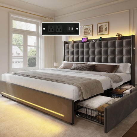 YITAHOME King Size Bed Frame with 4 Drawers and RGB LED Lights, Velvet Upholstered Platform Bed with Charging Station and Storage Headboard, No Box Spring Needed, Easy Assembly, Noise-Free, Grey YITAHOME
