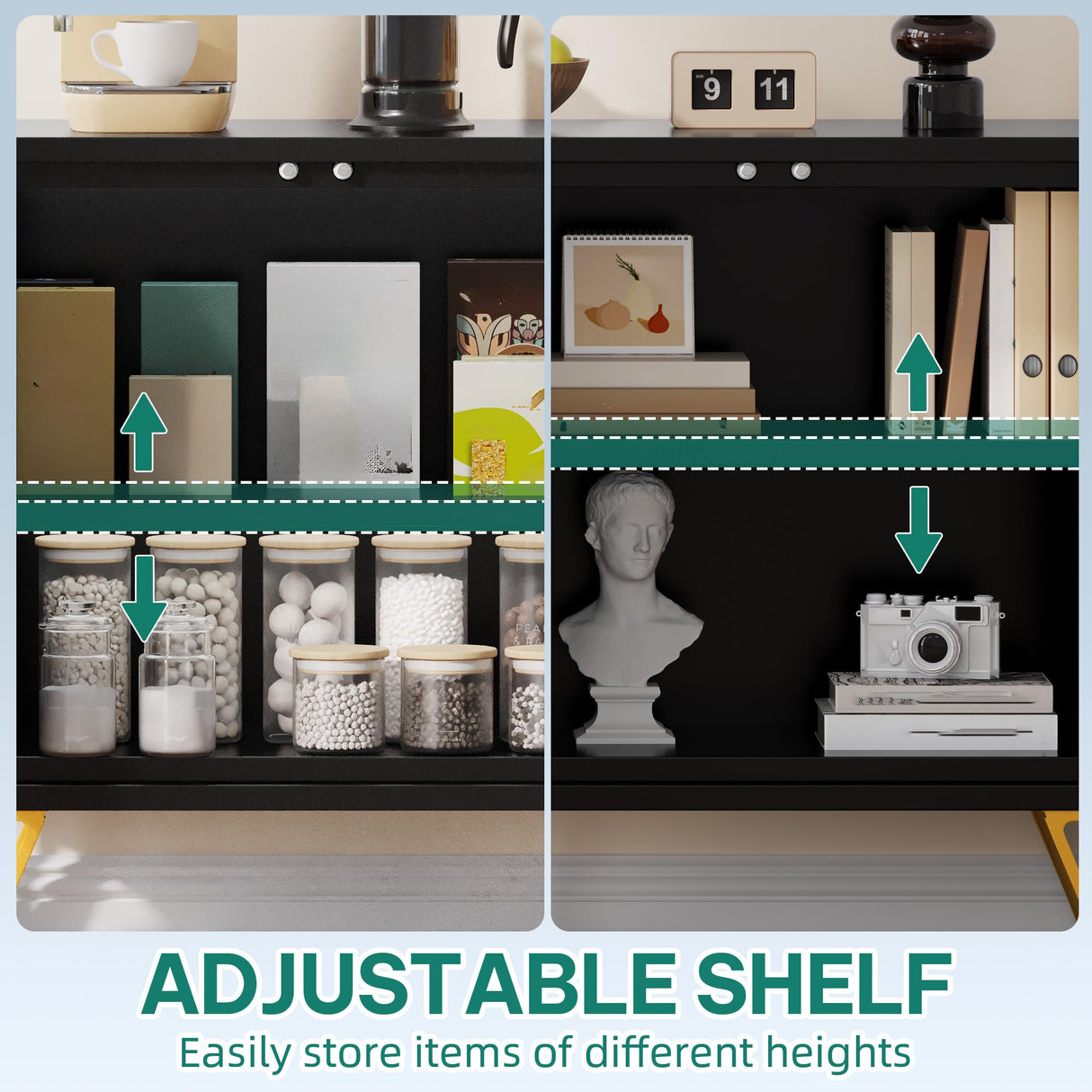 YITAHOME 55" Sideboard Buffet, Modern Buffet Cabinet Storage Cabinet with Doors, Metal Accent Console Credenzat with Adjustable Shelves for Hallway, Entryway, Kitchen or Living Room, Black YITAHOME