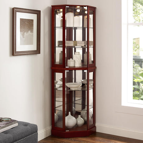 Royard Oaktree Lighted Corner Display Cabinet with Glass Doors, Wooden Curio Cabinet with Adjustable Shelves & Curved Design, Vintage Storage Cabinet with Mirrored Back for Home, Office, Bar, Cherry Royard Oaktree
