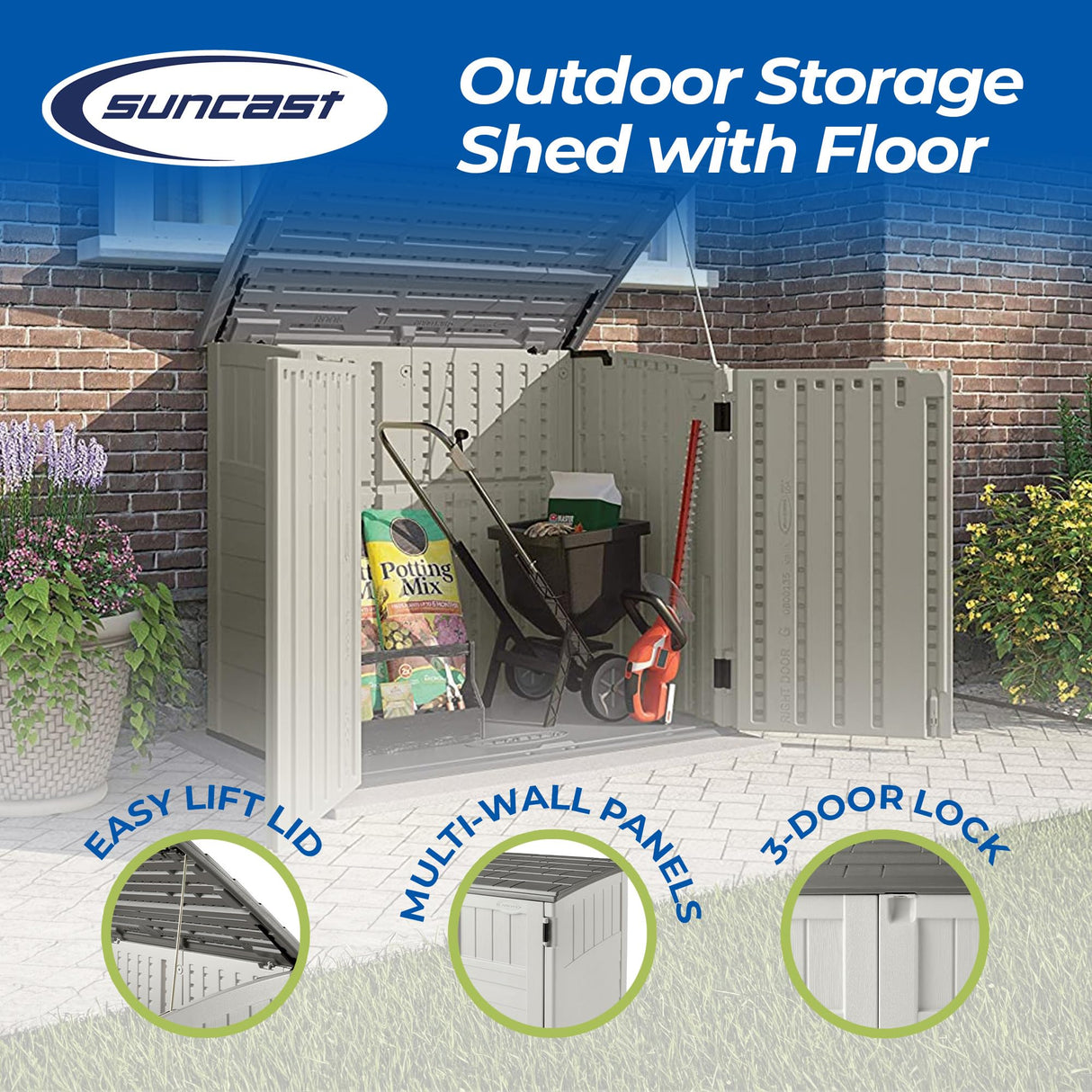 Suncast 34 Cu Ft Capacity Horizontal Outdoor Storage Shed for Garbage Cans, Garden Accessories, Backyard, and Patio Use, Vanilla Suncast