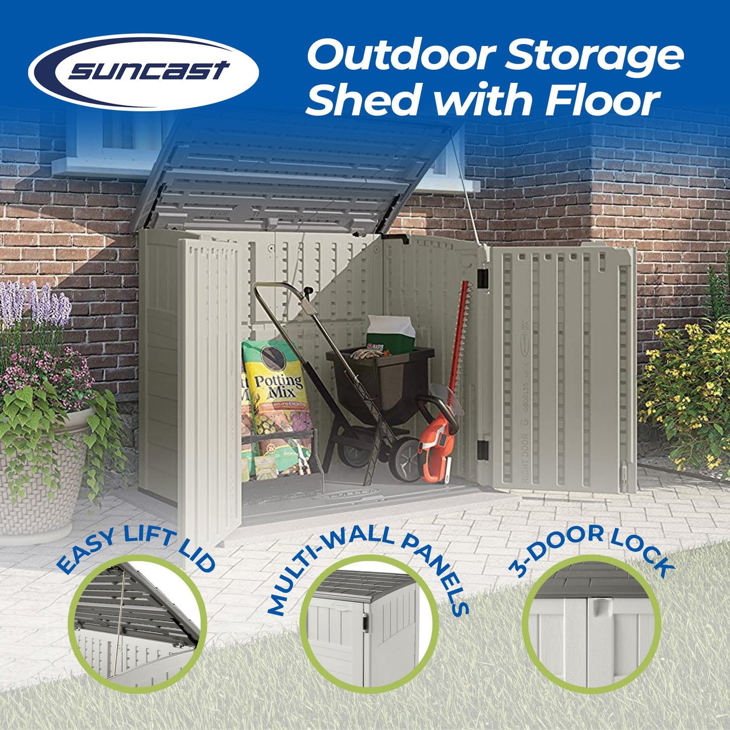 Suncast 34 Cu Ft Capacity Horizontal Outdoor Storage Shed for Garbage Cans, Garden Accessories, Backyard, and Patio Use, Vanilla - WoodArtSupply