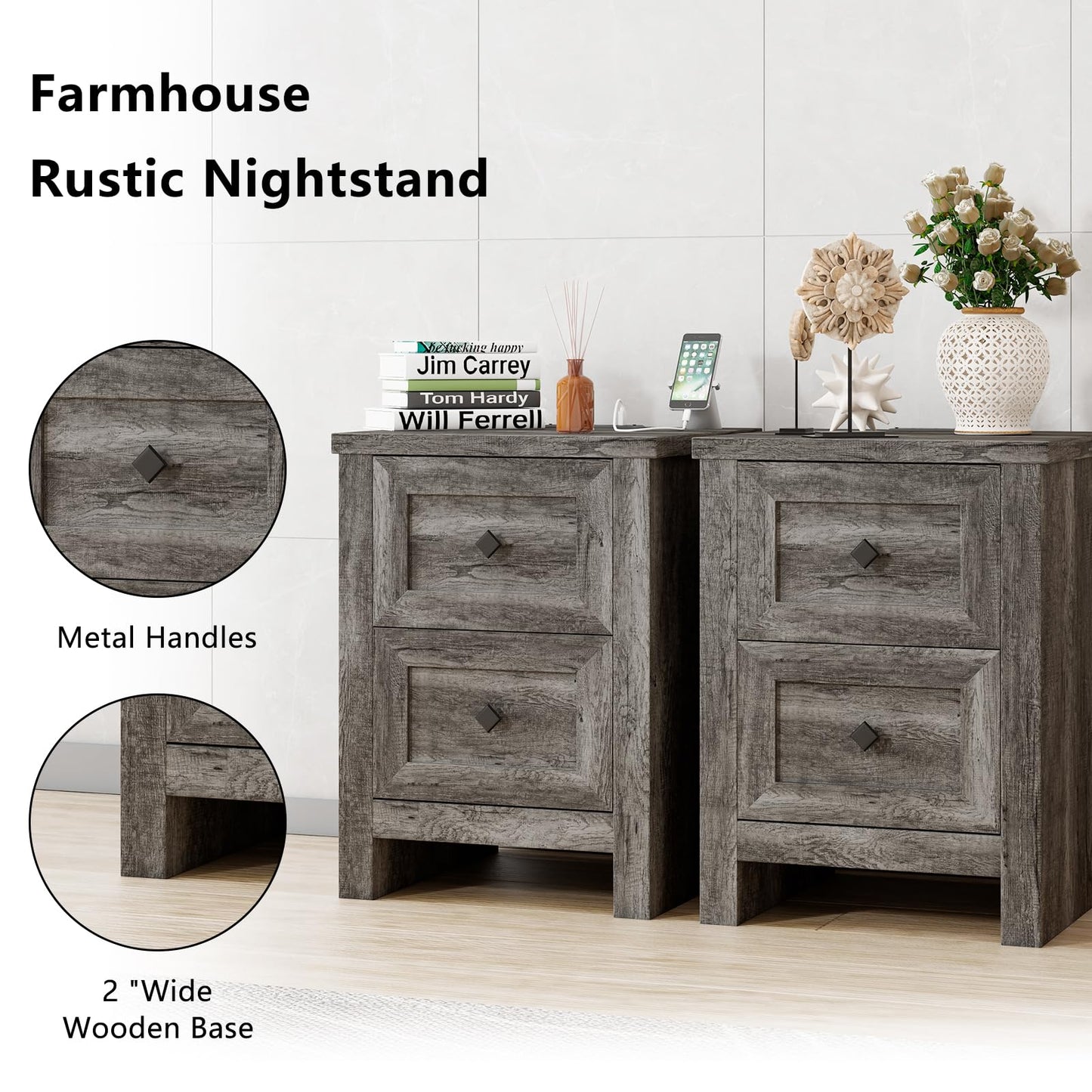 LUXOAK Nightstand Set of 2 with Charging Station, Farmhouse End Table with 2 Drawers Storage Cabinet, Rustic Wood Sofa Side Table for Bedroom, Living Room, Office, Grey - WoodArtSupply