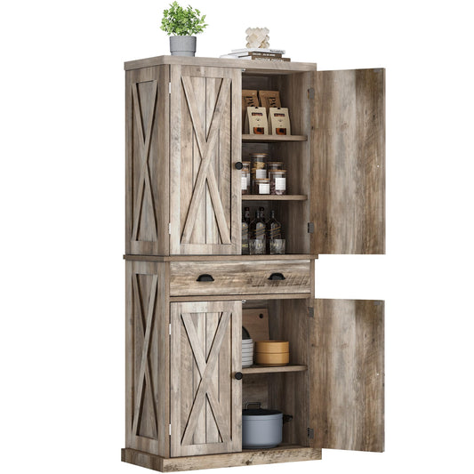 YITAHOME 72'' Tall Kitchen Pantry, Farmhouse Kitchen Storage Cabinets with Barn Doors, Drawer and Adjustable Shelves, Wood Cupboard for Kitchen, Dining Room, Bathroom, Light Rustic Oak