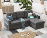 AMERLIFE 84 Inch Pull Out Couch Bed, Sofa Bed with Storage Chaise, L Shaped Sleeper Sofa with 2 USB Sockets & Cup Holders- Dark Grey AMERLIFE