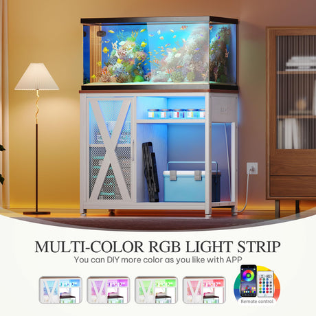 YITAHOME Fish Tank Stand with Power Outlets & LED Light, 40-50 Gallon Metal Aquarium Stand with Cabinet for Fish Tank Accessories Storage for Turtle Tank, Reptile Terrarium, 660LBS Capacity, White YITAHOME