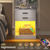 ADORNEVE LED Nightstands Set of 2,Night Stands for Bedrooms Set of 2,Nightstand with Charging Station and LED Lights,Bedside Table with Drawers & USB Ports (Grey) ADORNEVE
