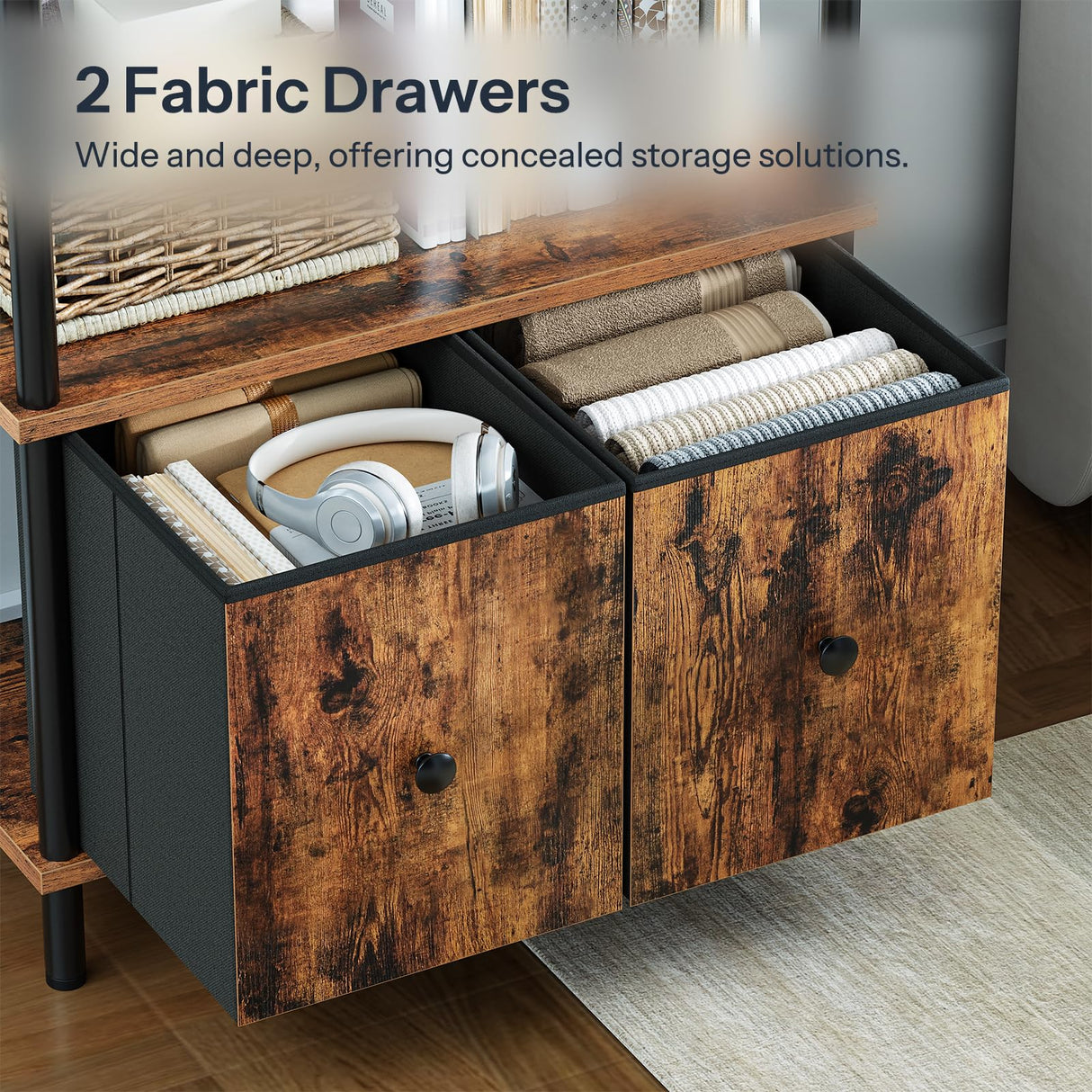 HOOBRO 5-Tier Bookshelf, Arched Bookcase with 2 Drawers, Tall Industrial Style Display Rack, Modern Standing Bookcase with Metal Frame for Office, Bedroom, Kitchen, Rustic Brown and Black BF175SJ01 HOOBRO