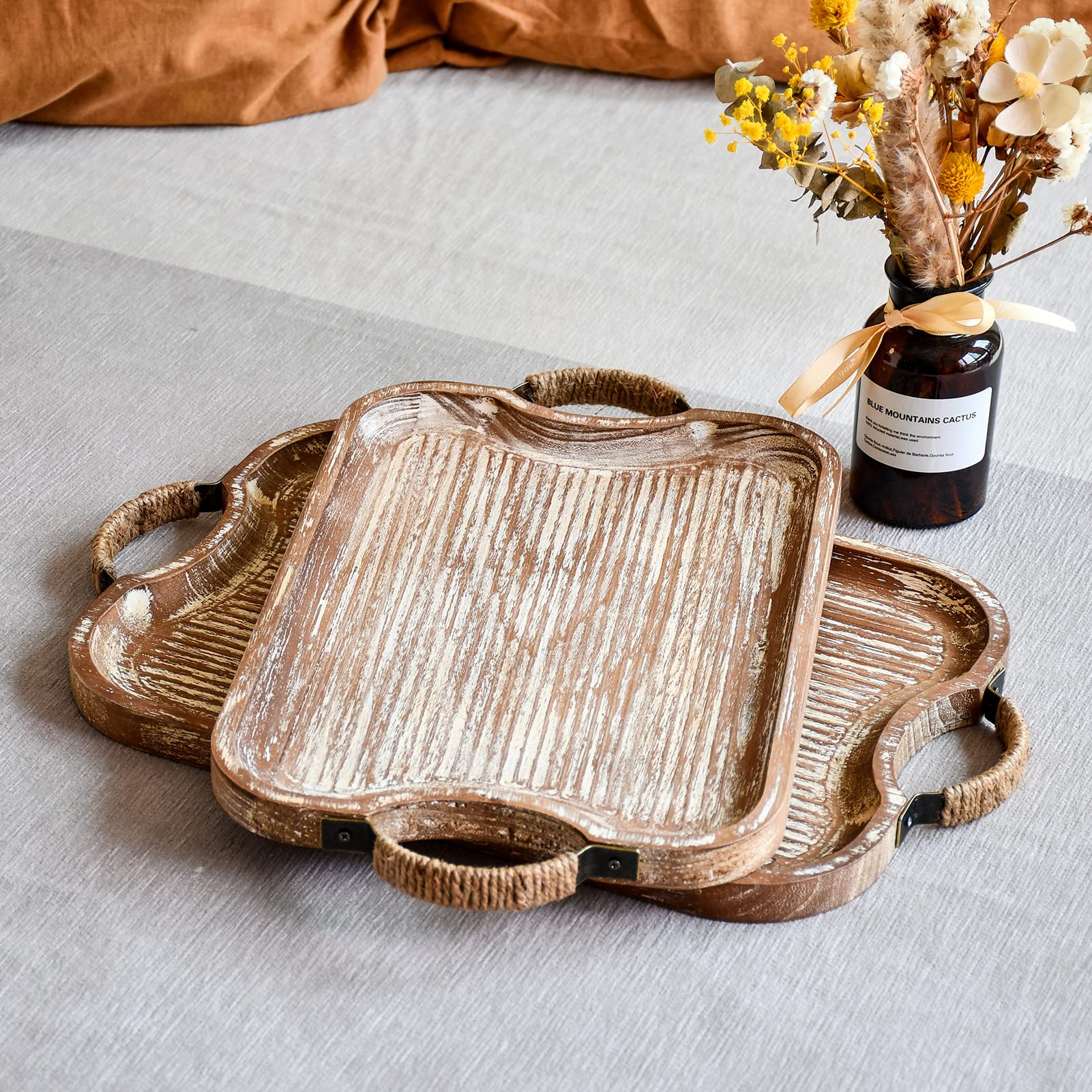 Rustic Wood Serving Tray with Metal Twine Handles Set of 2 Rectangular Decorative Trays Farmhouse Platter for Food, Fruit, and Coffee Great for Bed, Patio, Ottoman, Coffee Table, Kitchen, or  - WoodArtSupply