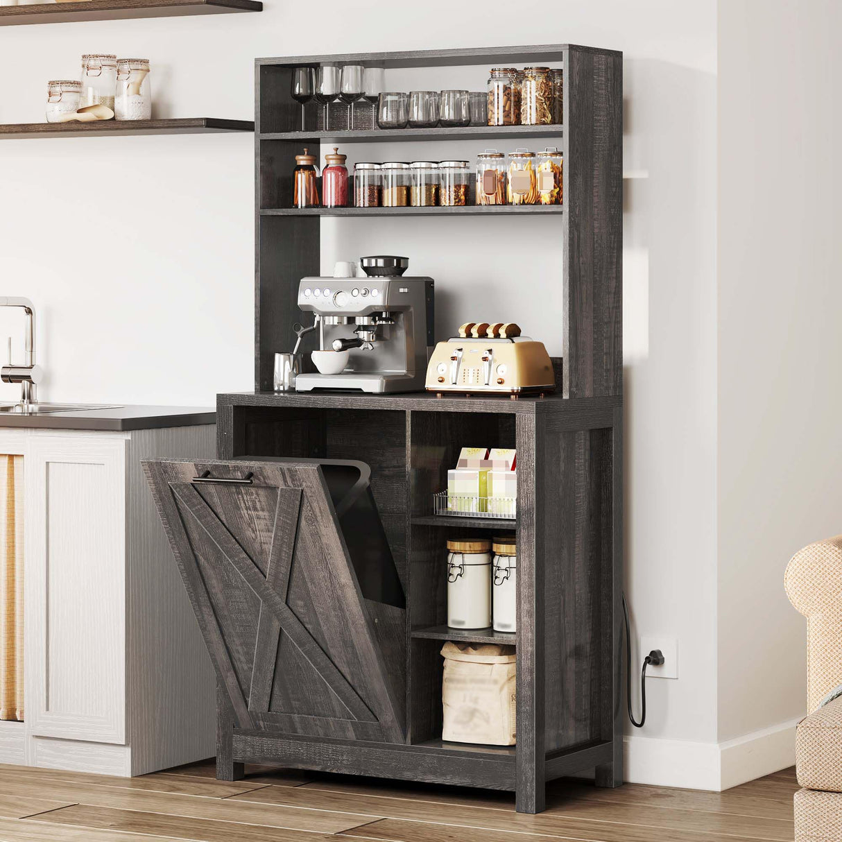 YITAHOME Bakers Rack Microwave Stand with Trash Can Storage Bin Cabinet and Power Outlet, 6-Tiers Farmhouse Kitchen Tall Thickened Coffee Bar Station with Adjustable Shelf (Rustic Oak) YITAHOME