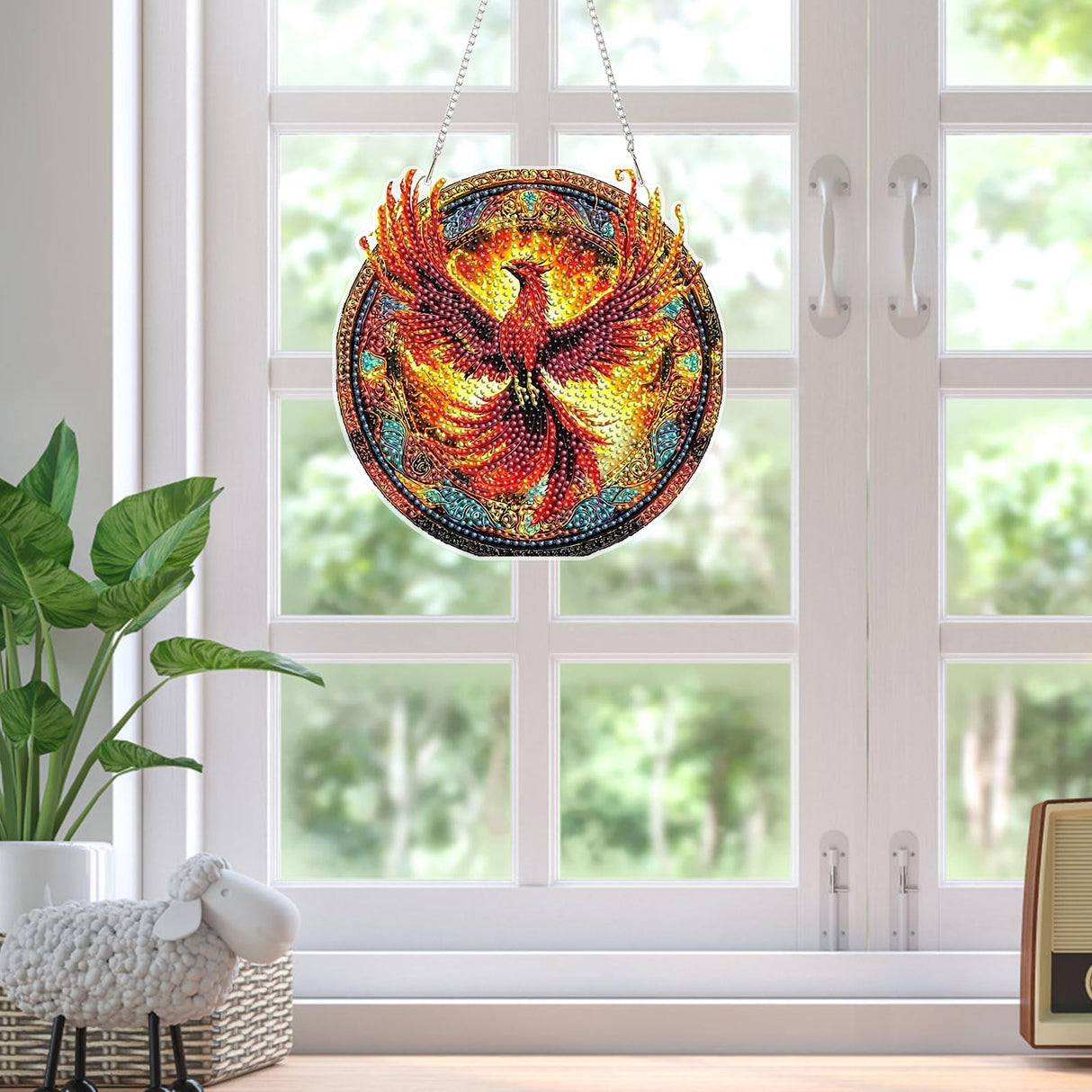 Skyboda Phoenix Diamond Art Hanging Kit for Adult, Special Shaped Rhinestone, Double Sided DIY Acrylic Diamond Art Painting Window Pendants Home Garden Wall Hanging Kits Hanging Ornament Skyboda