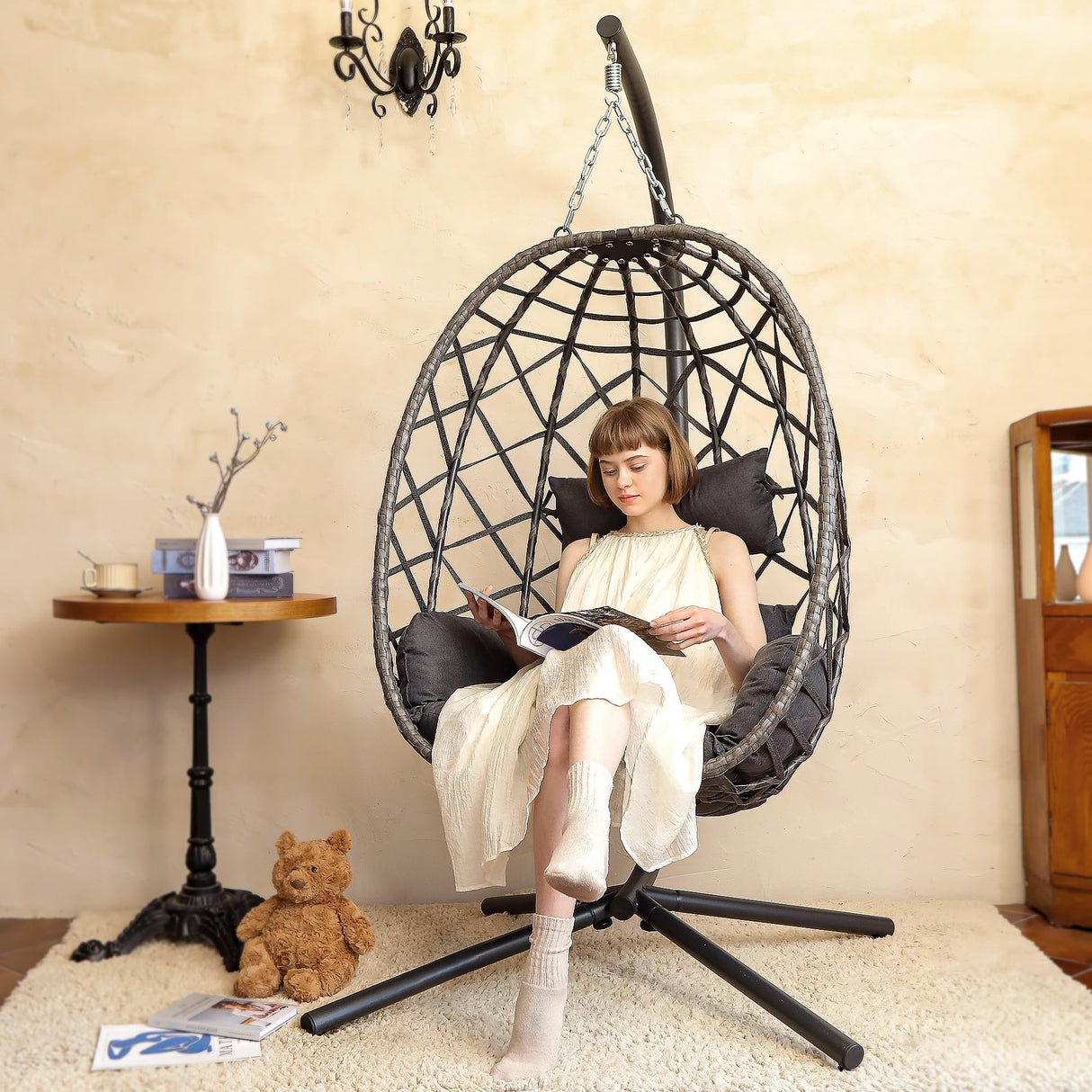 SWITTE Egg Swing Chair with Stand, Outdoor Patio Hanging Egg Chair, Indoor Hammock Chair with Cushion for Garden Backyard, 350LBS Capacity-Dark Grey SWITTE