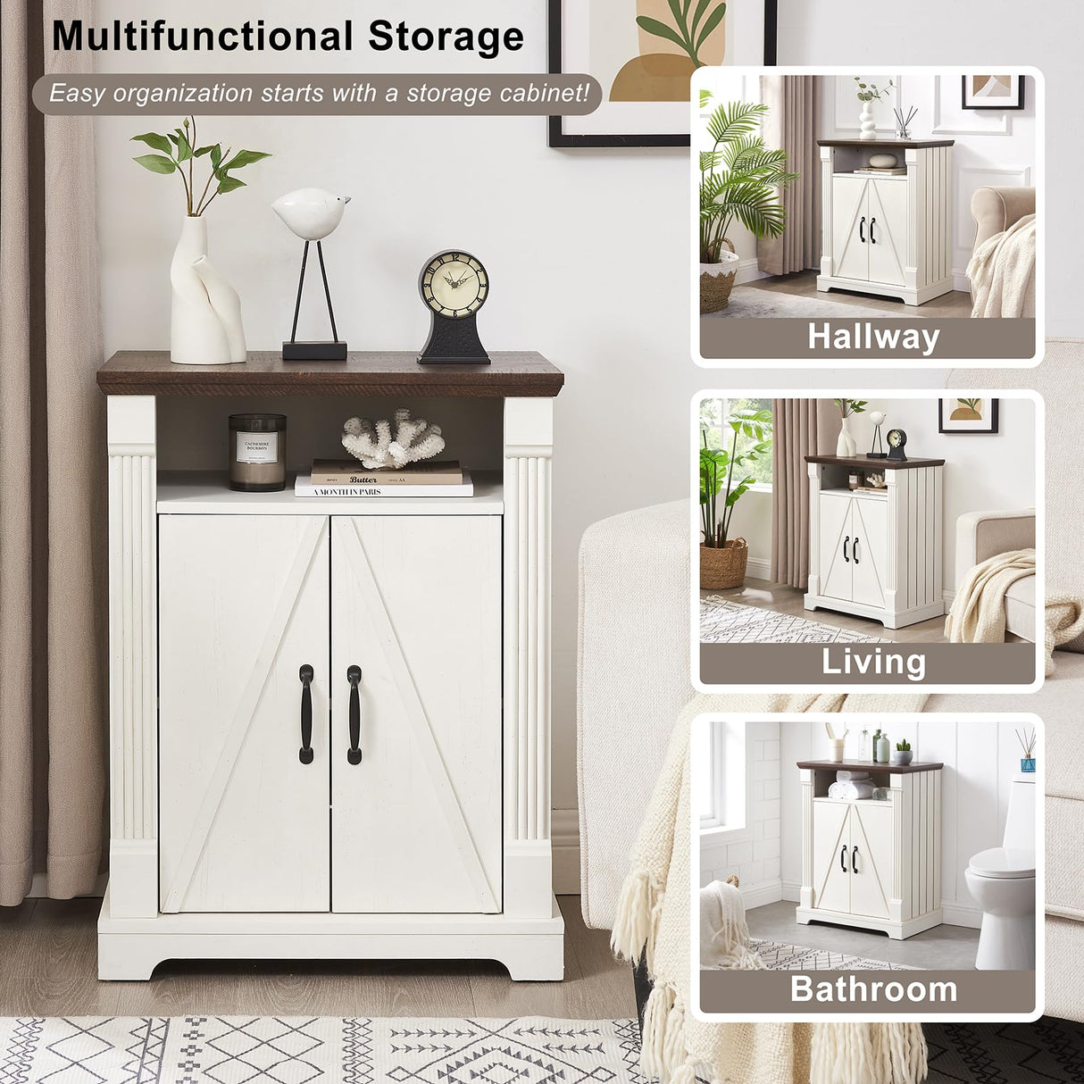 BuildHom 24" Farmhouse Storage Cabinet – Antique White Freestanding Buffet Sideboard with Barn Doors, Adjustable Shelf, Small Coffee Bar for Kitchen, Bathroom & Living Room BuildHom