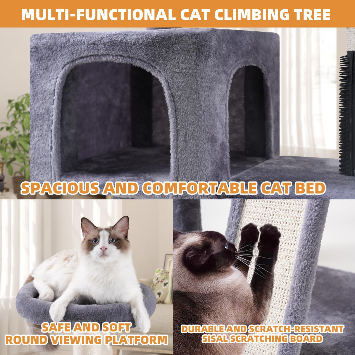 ROYPET Multi Level Cat Trees with Cat Houses Hammock ScratchingPosts,Grey … Roypet