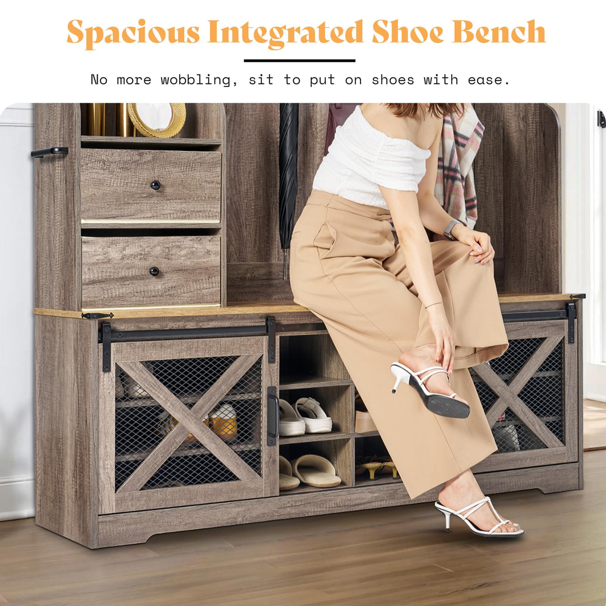 AMERLIFE 7-in-1 Farmhouse Hall Tree with Bench and Shoe Cabinet, LED Entryway Organizer with Drawers,12 Shoe Cubbies & Barn Doors, 7 Coat Racks with Shoe Storage, Rustic Gray AMERLIFE