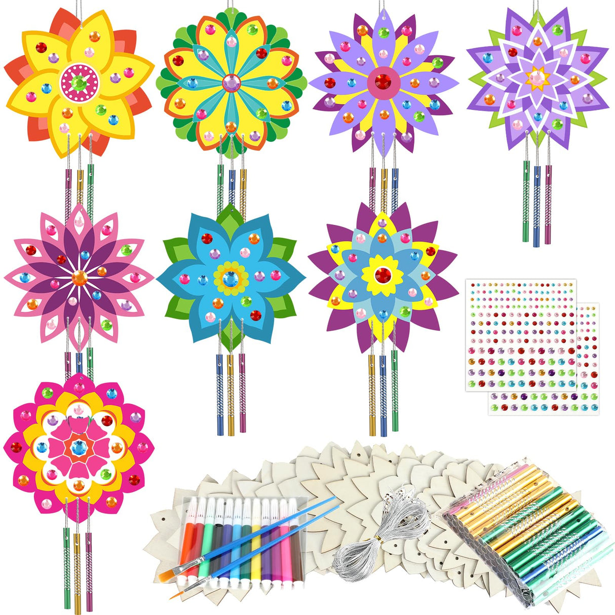 gisgfim 16 Pack Lotus Flower Wind Chime Crafts Kits for Kids Make Your Own Mandala Wind Chime Wooden DIY Arts and Crafts Decoration for Xmas Party School Classroom Decorations Supplies Birthday Favors gisgfim