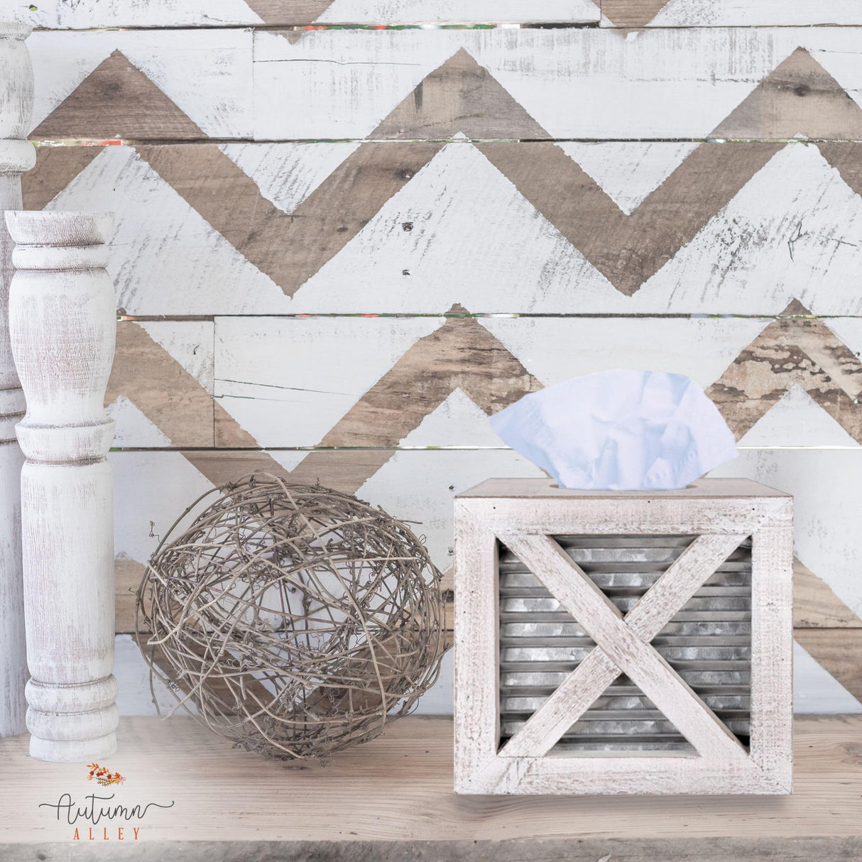 Autumn Alley Barn Door Square Farmhouse Tissue Box Cover in White and Galvanized – Farmhouse Bathroom Accessories – Rustic Bathroom Décor Tissue Holder | Wood Shabby Chic Tissue Box Cover Autumn Alley