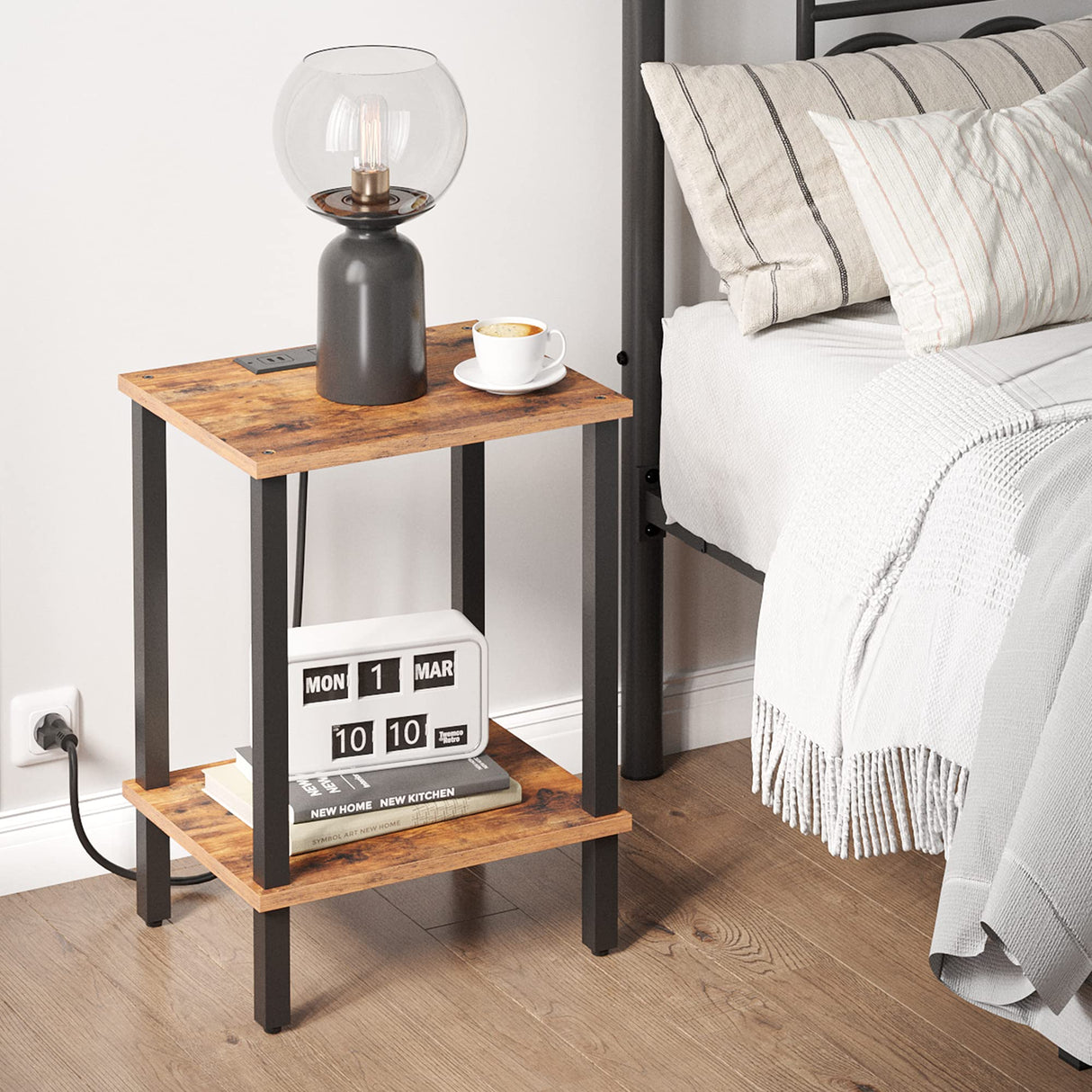 TUTOTAK End Table with Charging Station, Side Table with USB Ports and Outlets, Nightstand, 2-Tier Storage Shelf, Sofa Table for Small Space TB01BB040 TUTOTAK