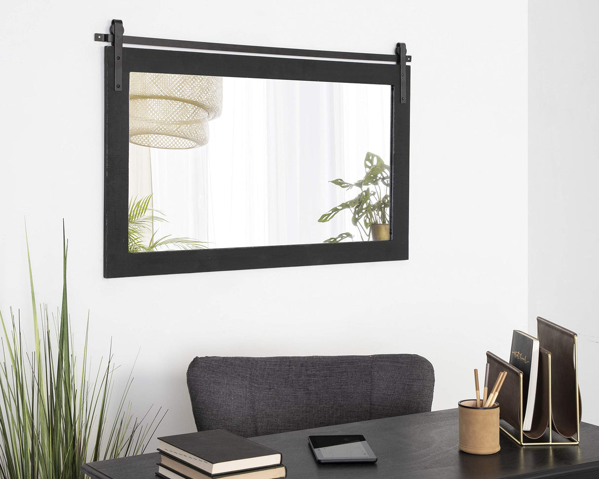 Kate and Laurel Cates Farmhouse Horizontal Wood Framed Wall Mirror, 40 x 26, Black, Barn Door-Inspired Rustic Mirrors for Wall Kate and Laurel