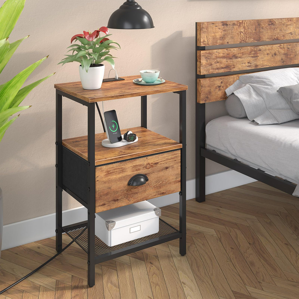 sthmec Nightstands Set of 2, Night Stands with Charging Station and Fabric Drawer, Bedside Tables with Storage, 2- Tier Side Table with Open Shelf, Nightstands with Charging Station,Rustic Brown sthmec
