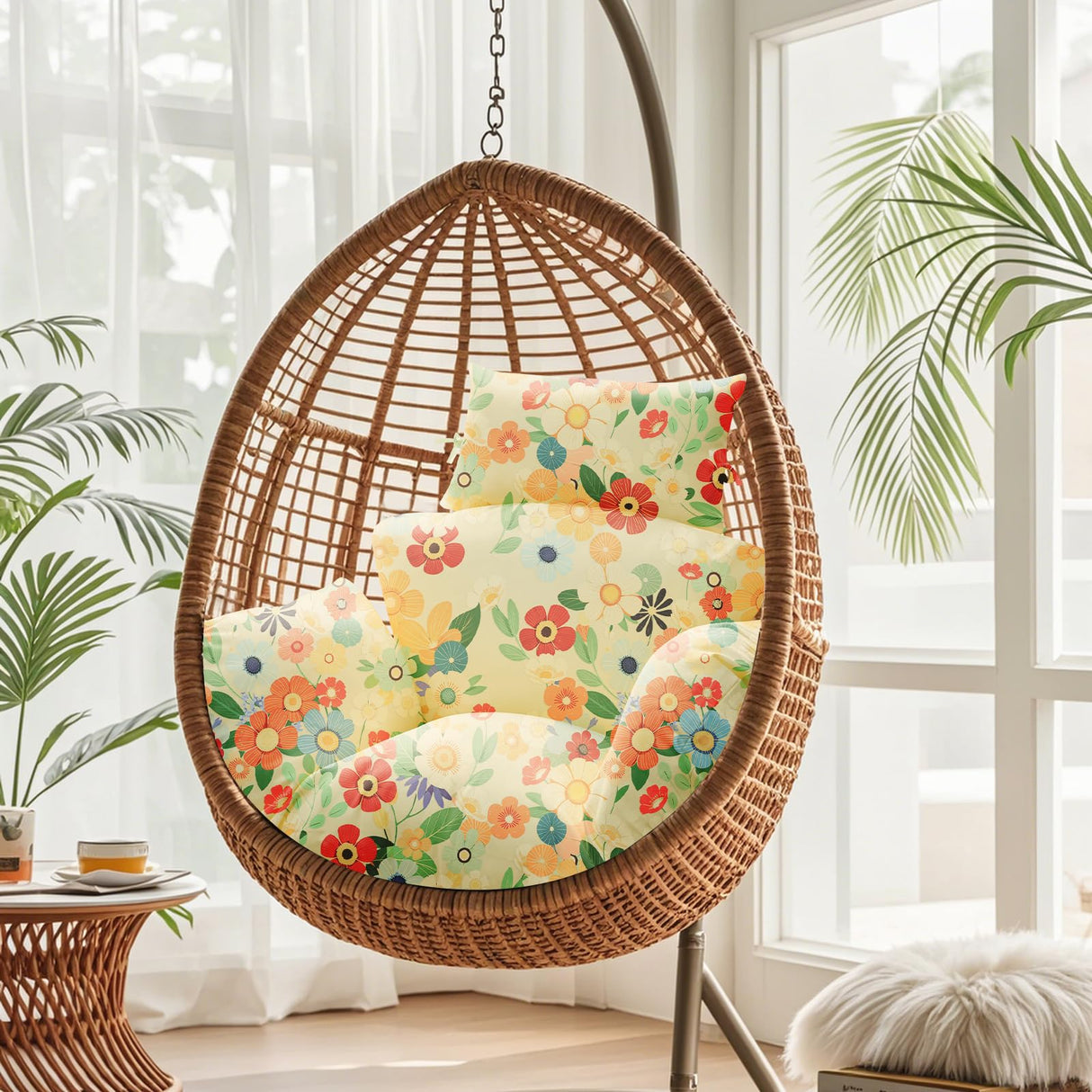 Uthem Waterproof Egg Chair Cushion Replacement 47x31.5x4.7 inch Thicken Hanging Egg Swing Chair Cushion Indoor Outdoor Wicker Rattan Hammock Basket Cushion with Headrest Pillow, Daisy Uthem
