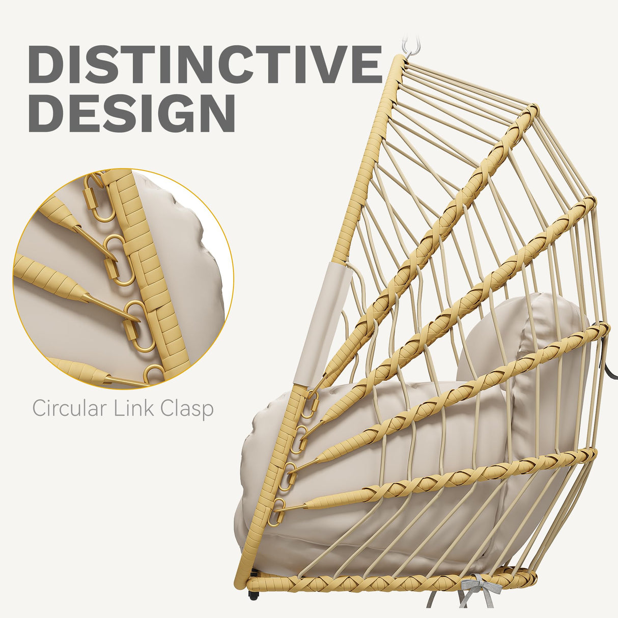 DWVO Wicker Swing Egg Chair 300lbs Capacity - Foldable Hanging Hammock with Cushions & Stand, Indoor/Outdoor Patio Swing Chair for Bedroom, Garden, Balcony (Beige) DWVO