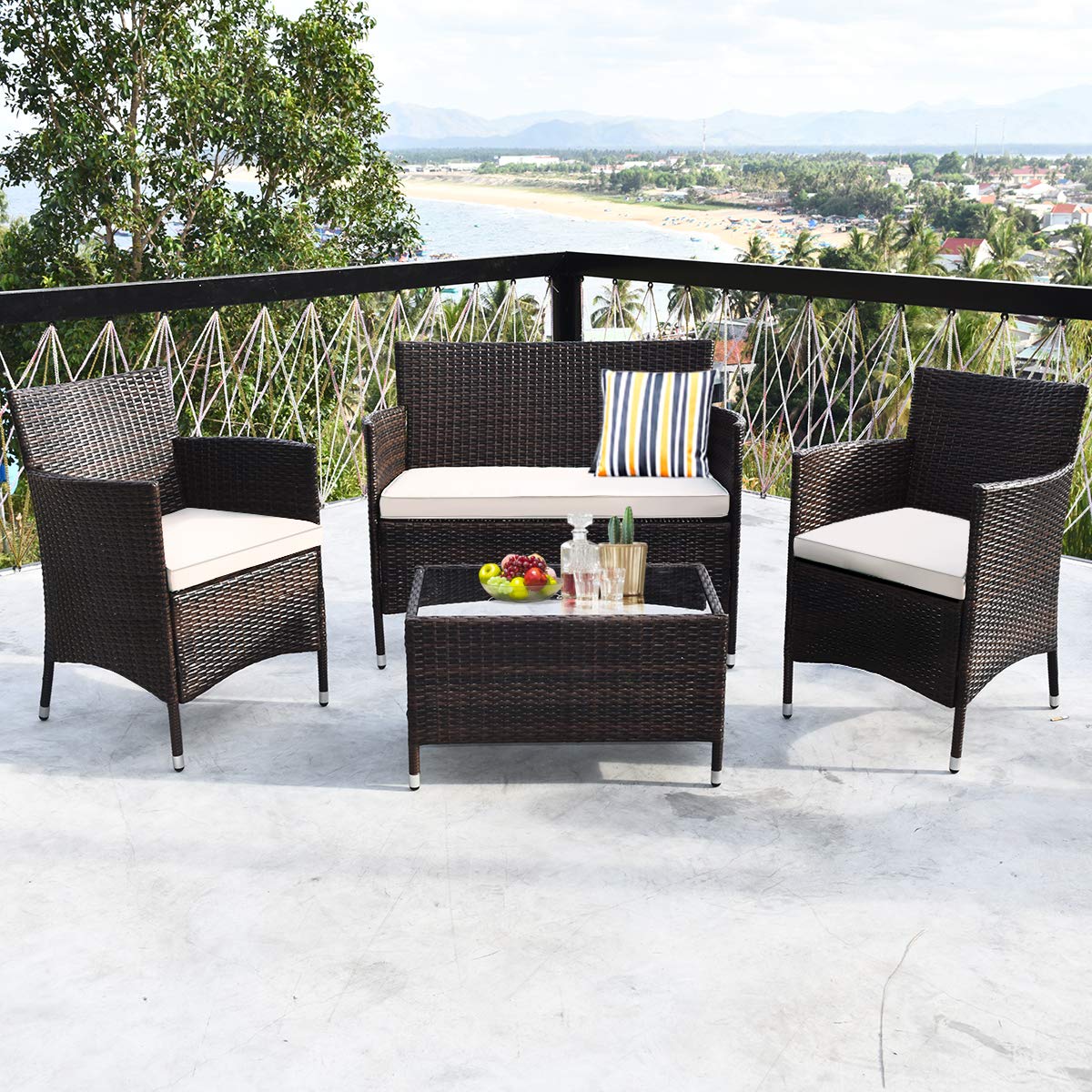 Tangkula 8 PCS Patio Rattan Conversation Set, Outdoor Wicker Furniture Set with Tempered Glass Coffee Table &Thick Cushion, Rattan Chair Wicker Set for Garden, Lawn, Poolside and Backyard (2, - WoodArtSupply