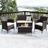 Tangkula 8 PCS Patio Rattan Conversation Set, Outdoor Wicker Furniture Set with Tempered Glass Coffee Table &Thick Cushion, Rattan Chair Wicker Set for Garden, Lawn, Poolside and Backyard (2, Brown) Tangkula