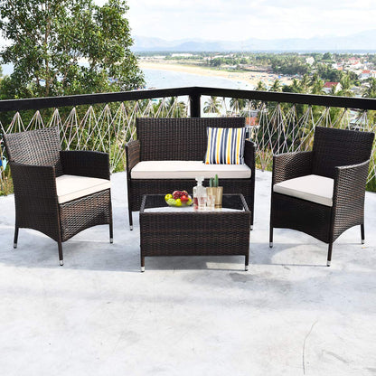 Tangkula 8 PCS Patio Rattan Conversation Set, Outdoor Wicker Furniture Set with Tempered Glass Coffee Table &Thick Cushion, Rattan Chair Wicker Set for Garden, Lawn, Poolside and Backyard (2, - WoodArtSupply