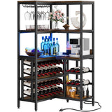YITAHOME Large Corner Wine Rack, 63'' Corner Bar Cabinet with Power Outlet and LED Light, 5-Tier L Shaped Industrial Liquor Cabinets w/Glass Holder, Open Display Cabinet for Home, Brown YITAHOME