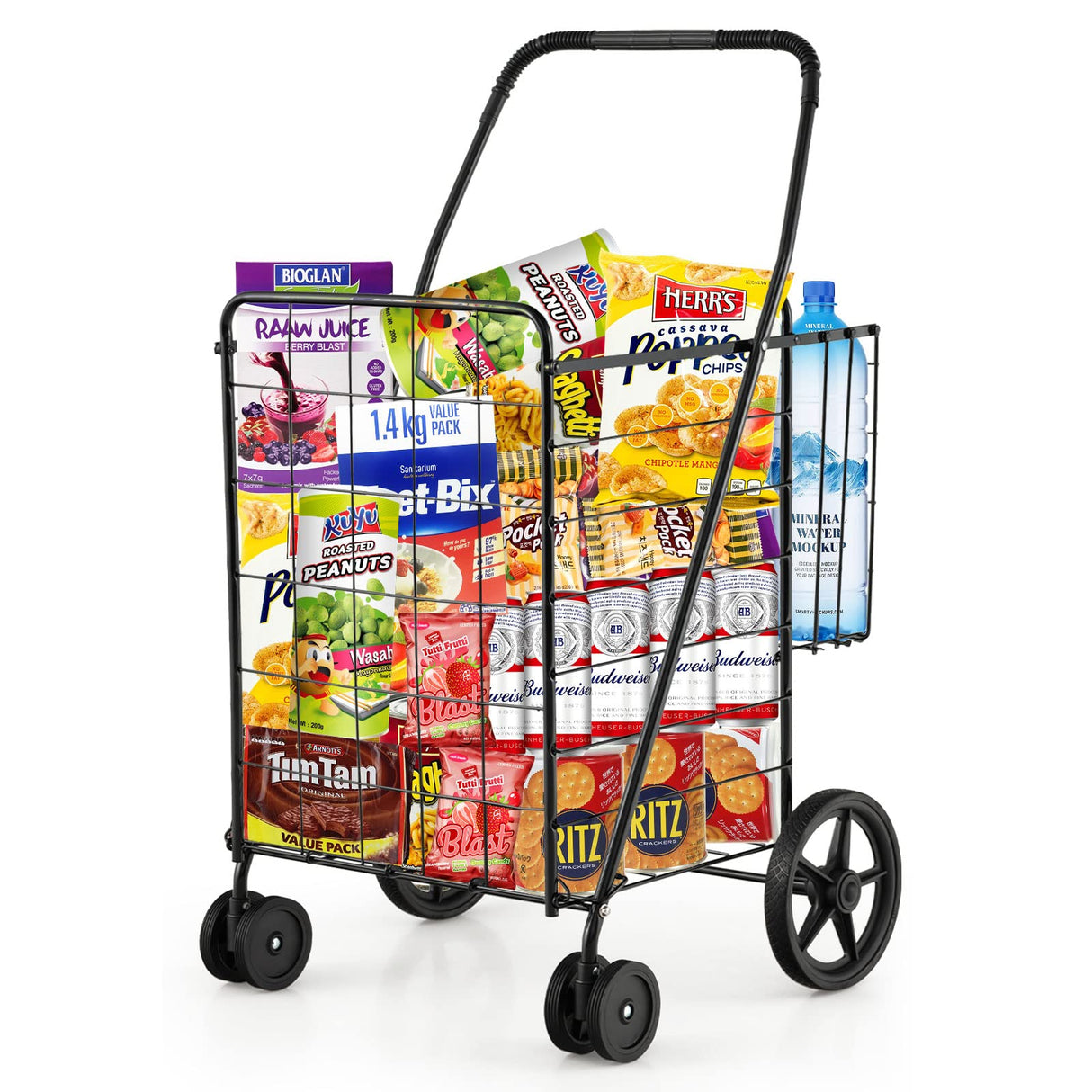 Goplus Jumbo Folding Shopping Cart with Rolling Swivel Wheels, Foldable Grocery Cart on Wheels with Double Basket, Heavy Duty Utility Cart, Shopping Carts for Groceries Laundry Book Luggage Travel Goplus