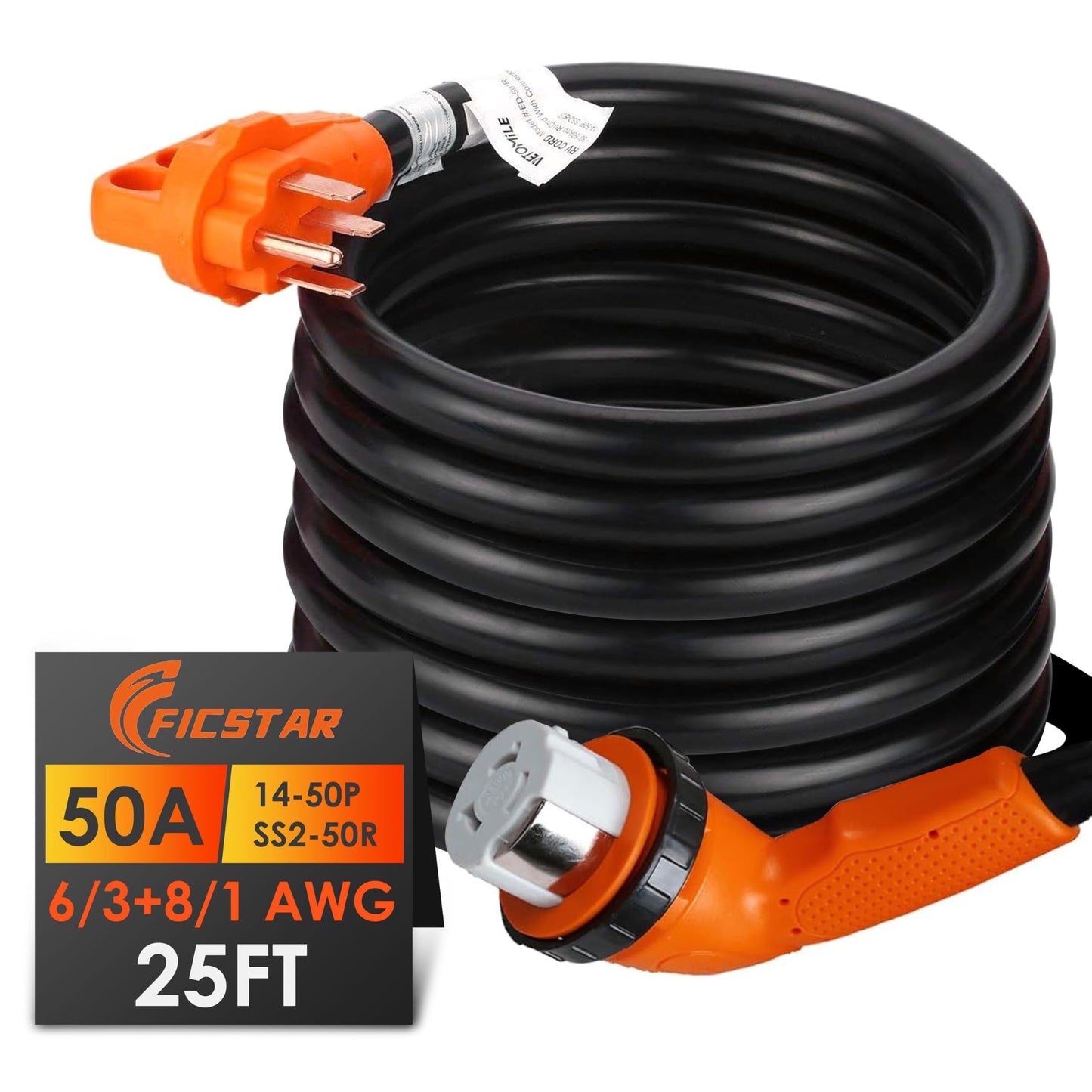 Ficstar 50 Amp RV Extension Cord 25 ft, Heavy Duty 6/3+8/1 SJTW AWG RV Power Cord with Grip Handle Twist Lock, NEMA 14-50P to SS2-50R with Polarity Lamp - WoodArtSupply