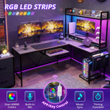 VIGKOOK L Shaped Gaming Desk, Reversible Corner Computer Desk with Power Outlet & Led Strip Home Office Desks Drawer File Cabinet Keyboard Tray (Dark Grey, 67in) VIGKOOK