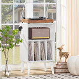 Lerliuo Record Player Stand with Charging Station, White Turntable Stand Holds up to 160 Albums, Mid-Century Vinyl Storage Cabinet Table with Wood Legs, Record Holder Dispaly Shelf for Living Room Lerliuo