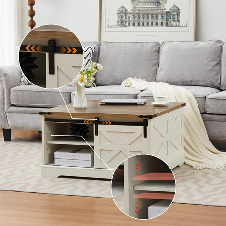 Tltaroni Farmhouse Lift Top Coffee Table, Wood Square Coffee Table with Sliding Barn Door and Adjustable Shelf Rustic Center Table with Hidden Storage Compartment for Living Room, Rustic White Tltaroni