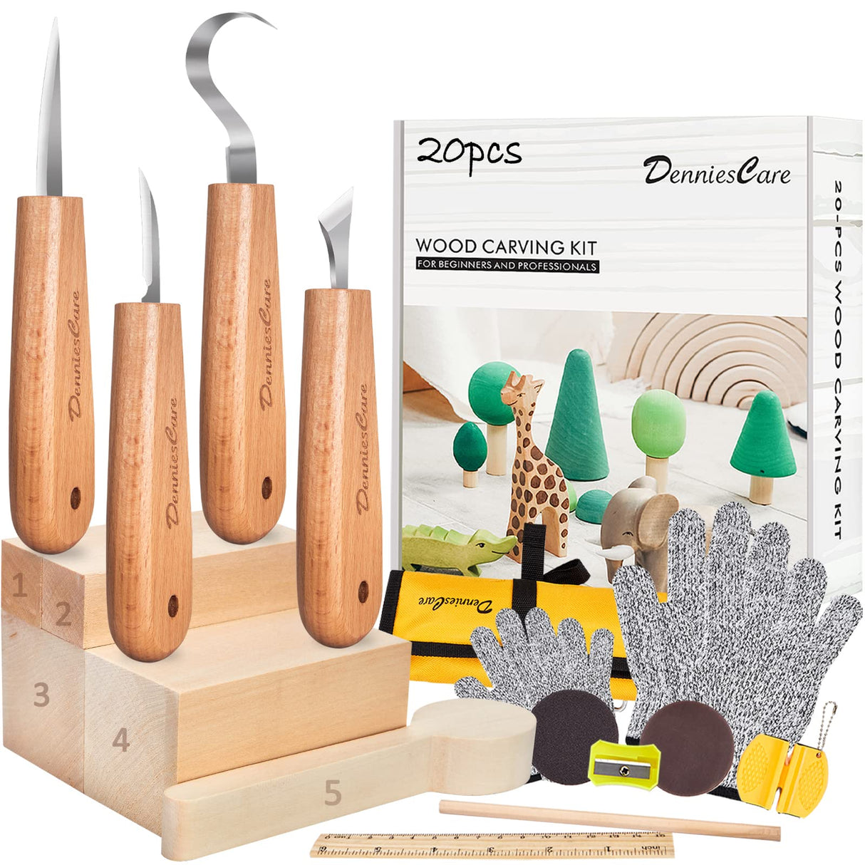 DenniesCare Wood Carving Kit Wood Whittling Kit for beginners 20pcs Wood Carving Tools with 4pcs carving knife, Basswood Wood Blocks, Gloves, Storage Bag, Frosted Sponge, Gifts Set DenniesCare